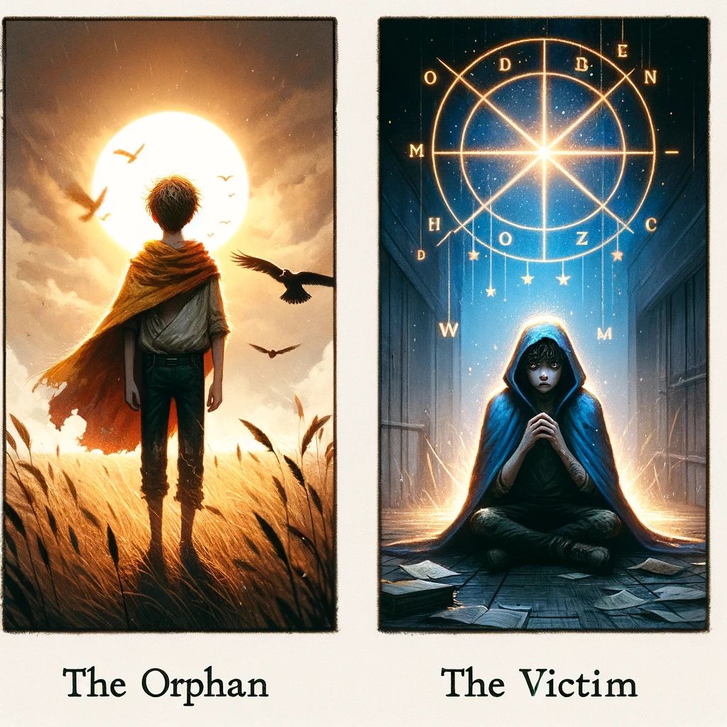 DALLÂ·E 2024-02-21 12.27.42 - Create two contrasting images to represent the archetypes of The Orphan and The Victim. For The Orphan, depict a character standing alone, looking hop copy