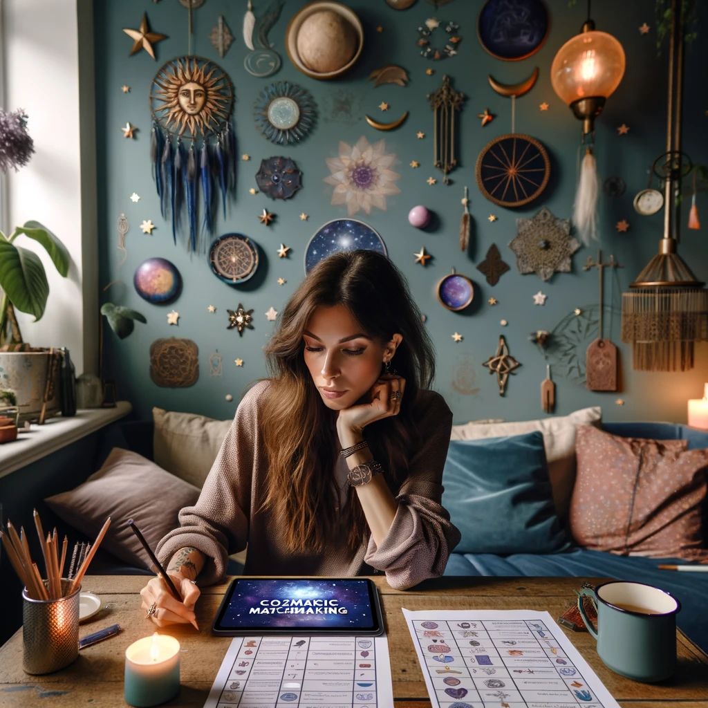 DALLÂ·E 2024-02-21 14.55.15 - Create an image of a woman taking a personal development quiz titled 'Cosmic Matchmaking', deeply engaged in the process of learning and growing. She  copy