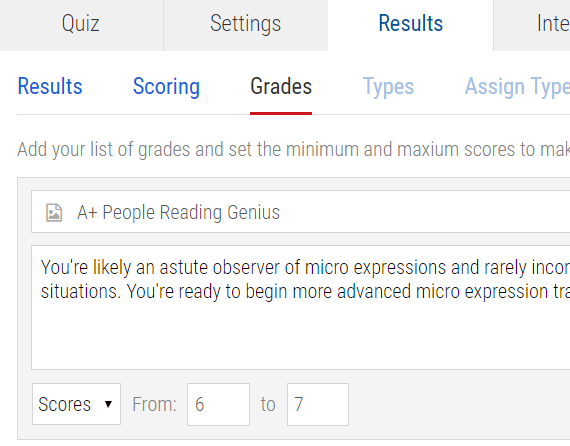 Grades being set on the results tab of the quiz maker