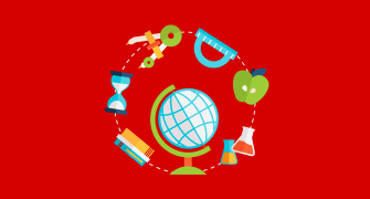 A detailed illustration of Lithuanian linguists surrounded by books and linguistic symbols, vibrant colors, educational theme