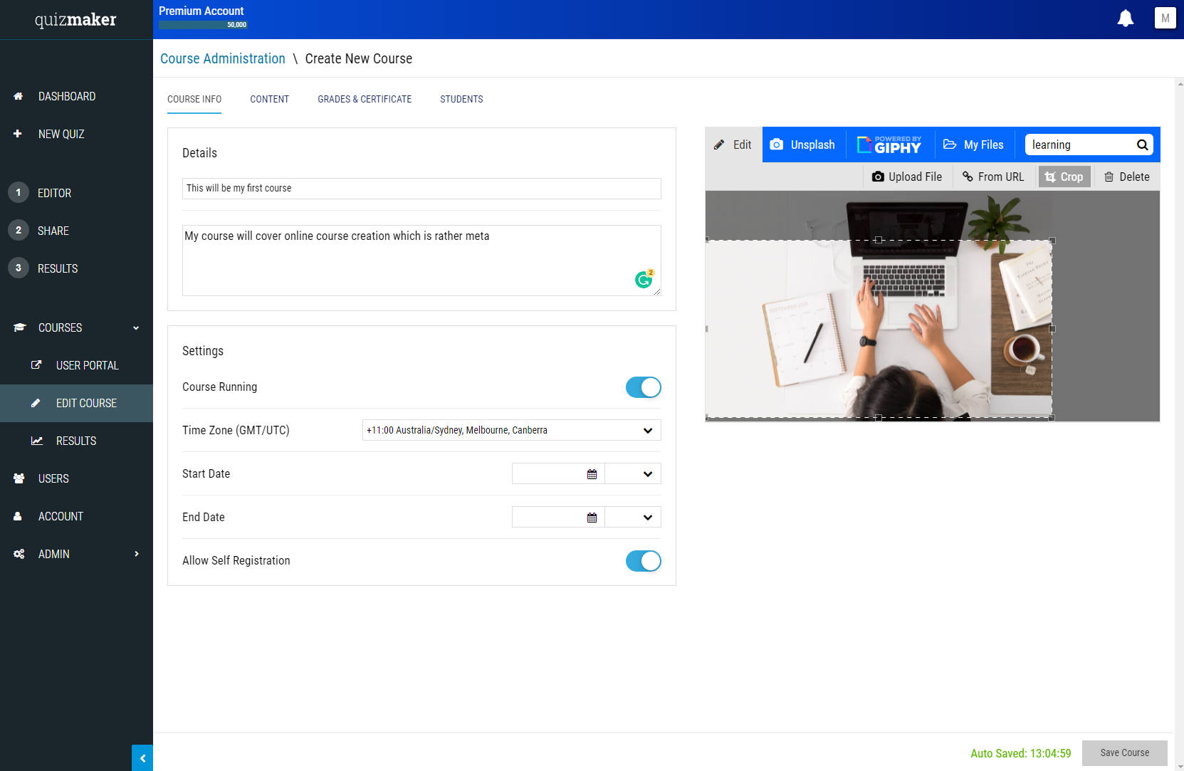A screenshot of the Quiz Maker online course creator