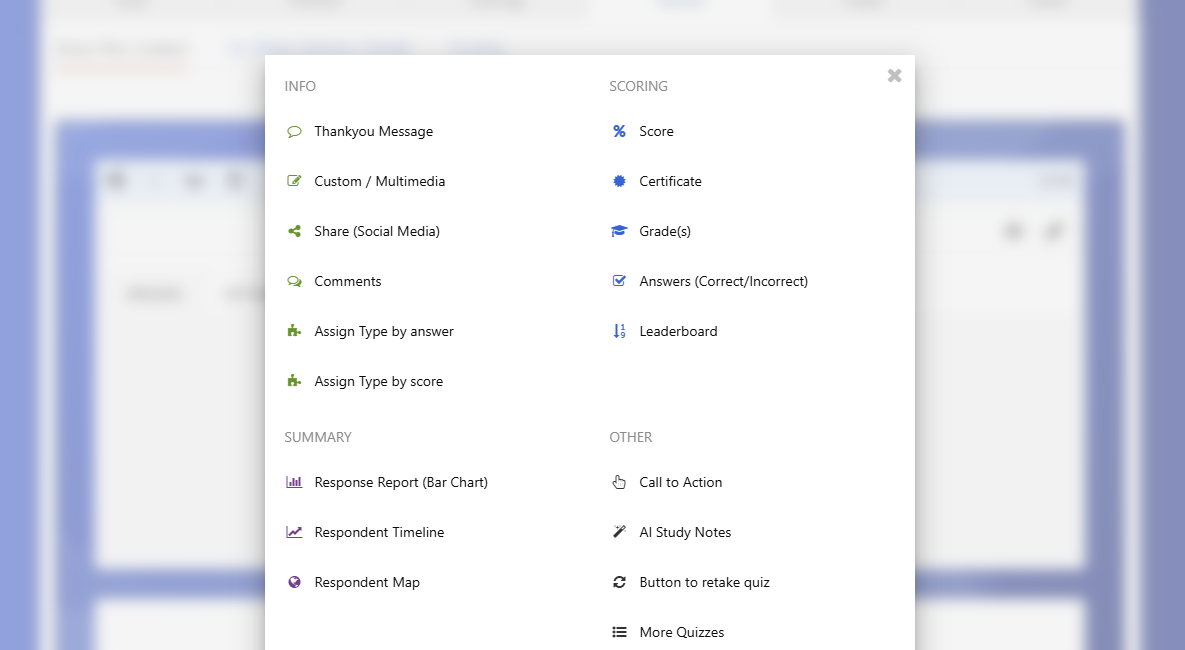 Results tab showing outcome types and configurations