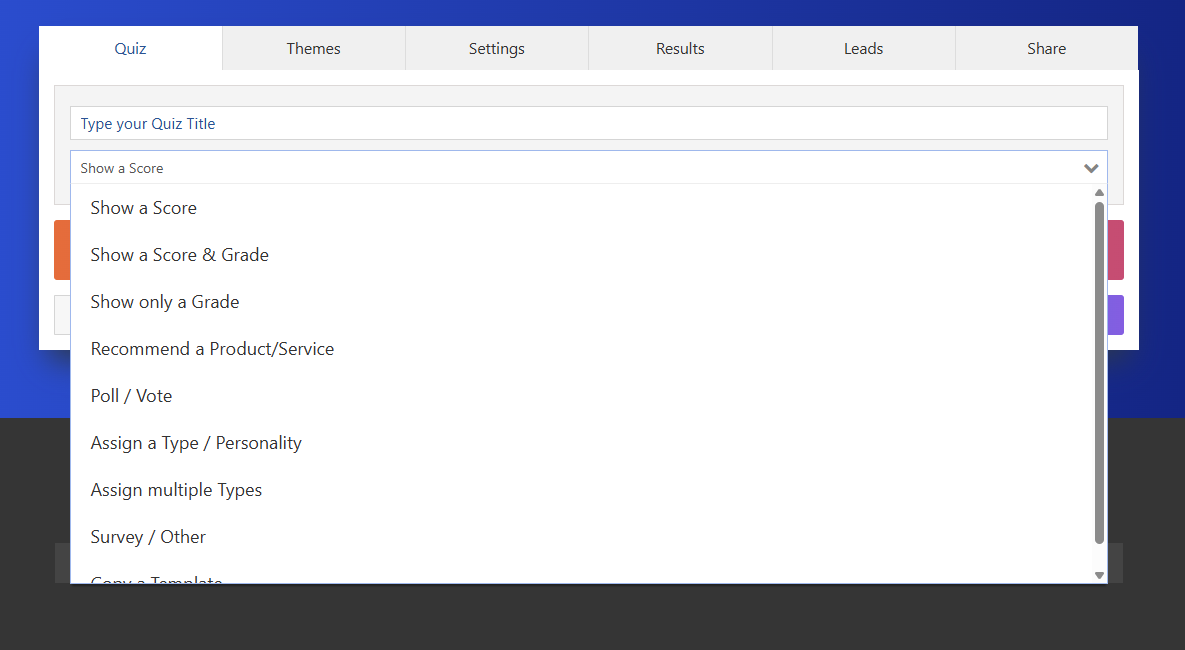 Dropdown menu of quiz types